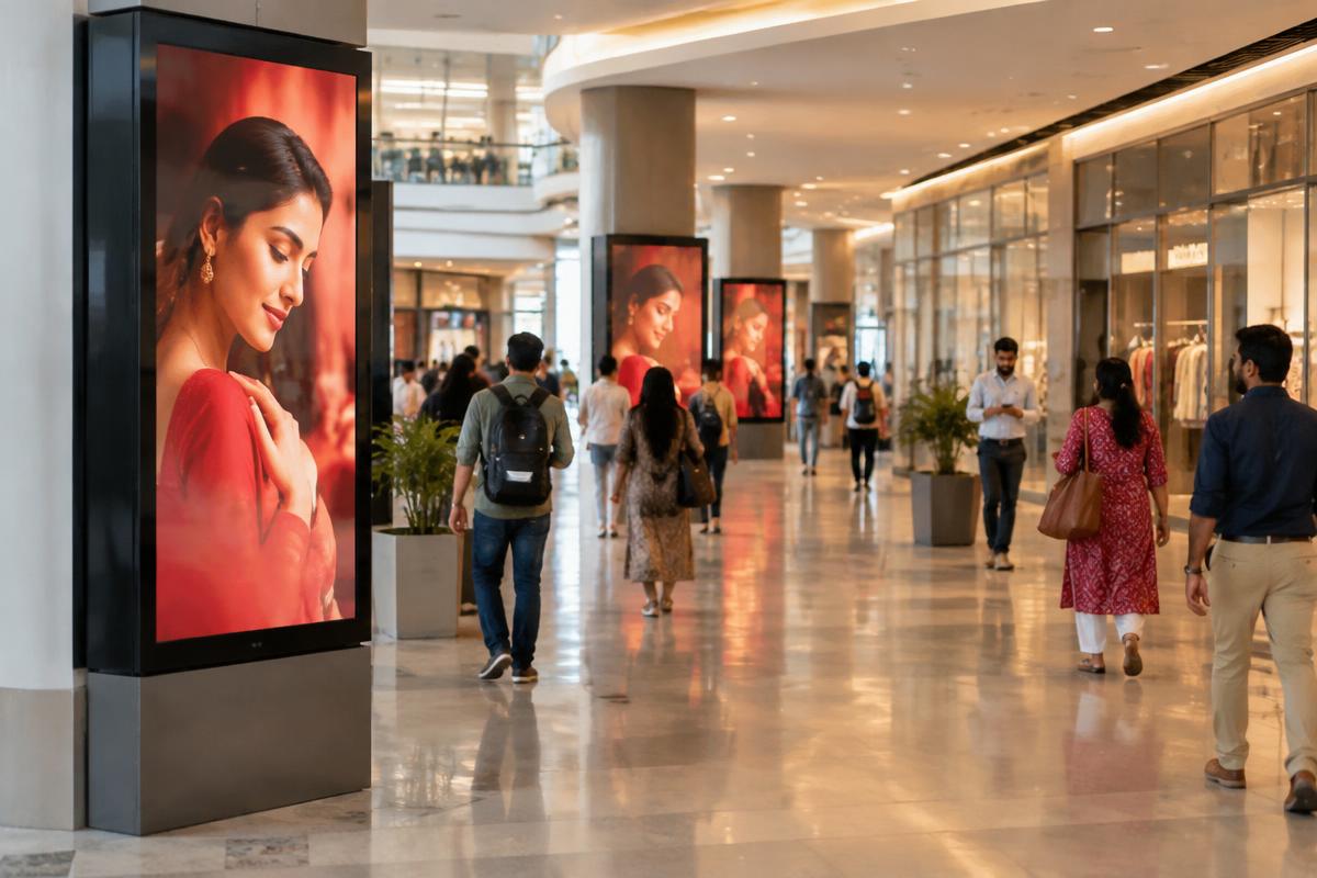 Digital advertising screens in a shopping concourse