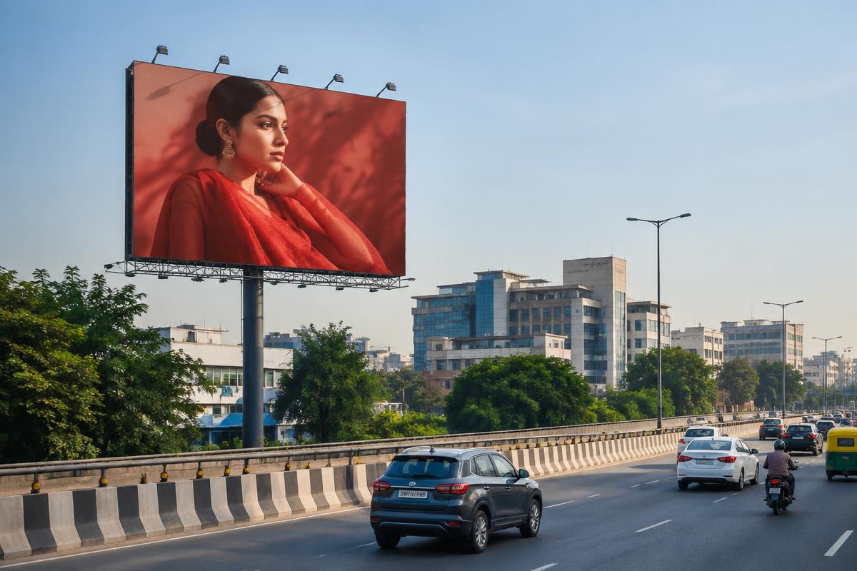 Large outdoor billboard beside an urban road