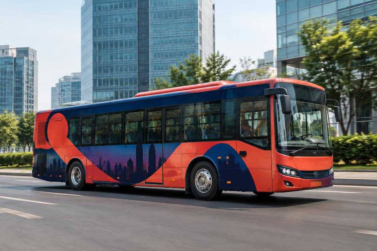 Branded city bus in a business district
